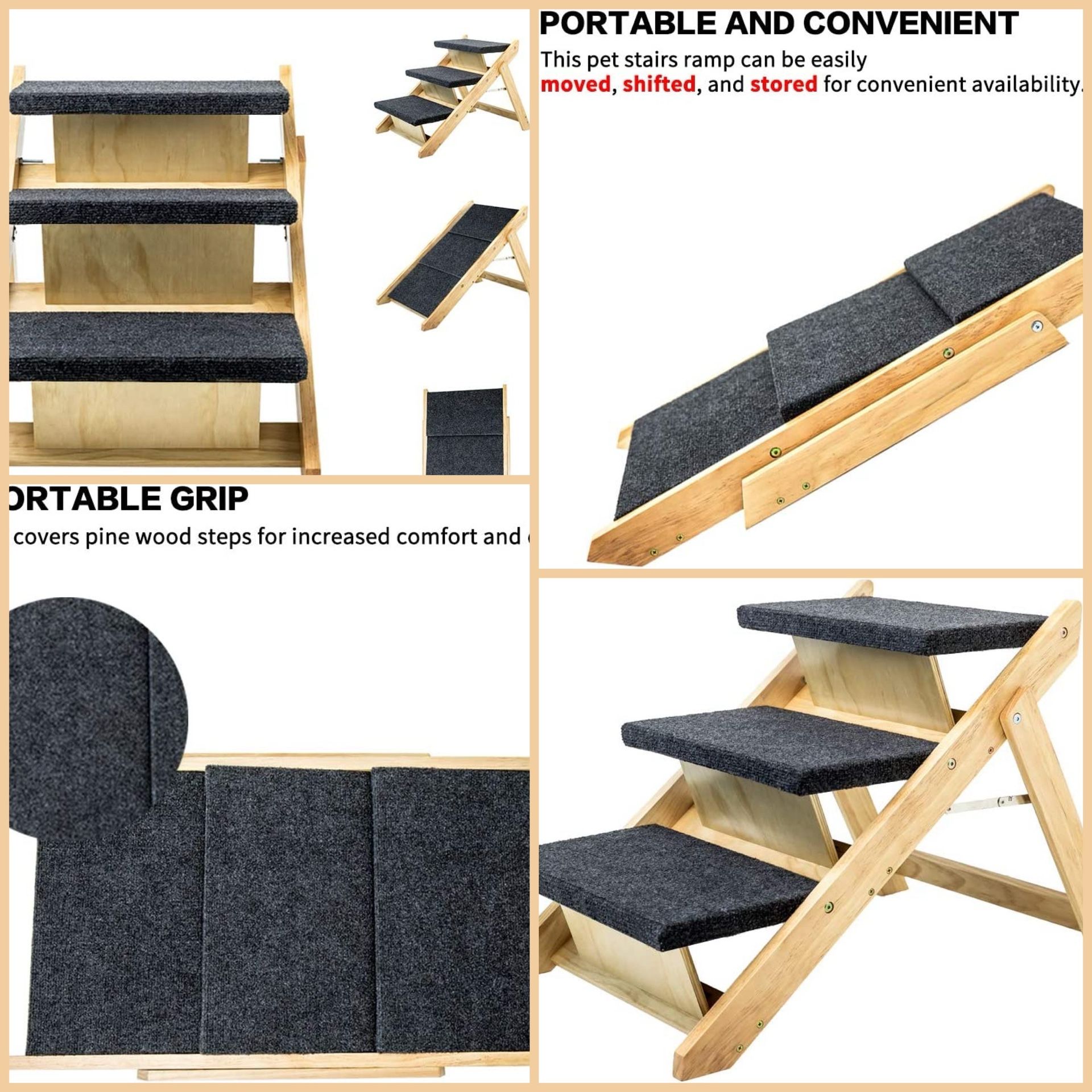 New Wooden Pet Stairs Folding Pet Steps Foldable 3 Level Dog Stairs & Ramp