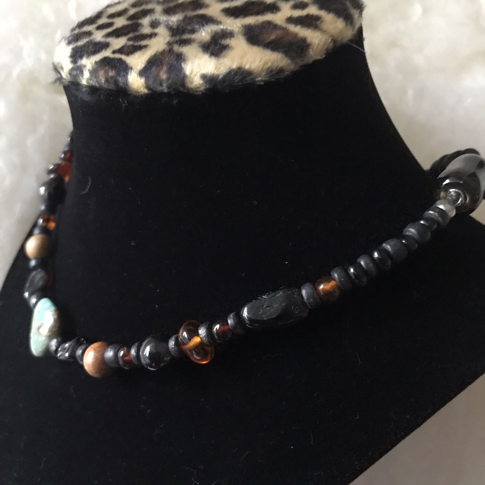 Vintage Real Turquoises Stone, Amber, Onyx And Another Semiprecious Stones Adjustable Necklace.
