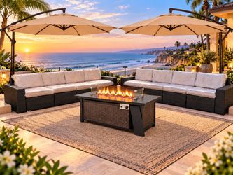 new patio set with fire pit and 11 ft umbrella