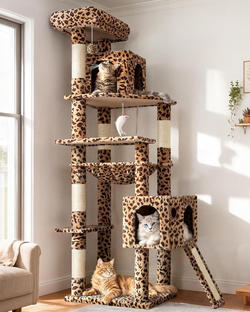 Cheetah Print Sturdy Heavy Duty 70" Cat Tree Kitten Tower for up to 5 Large Cats 25lbs+