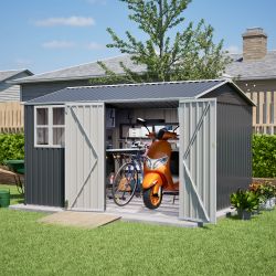 10X8FT Outdoor Steel Storage Shed with Clear Window, Lockable Doors, Weather-Resistant Metal Tool Shed for Garden, Backyard, Patio, and Utility Storag