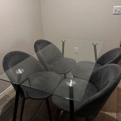 Modern 5 Piece Dining Set - Glass Top Table & 4 Grey Velvet Chairs