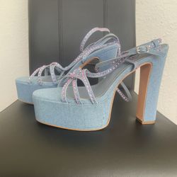 So Me | Denim Rhinestone Strappy Platform Heels