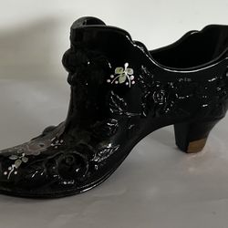 Fenton Black Glass Slipper Shoe Cabbage Rose Hand Painted & Signed