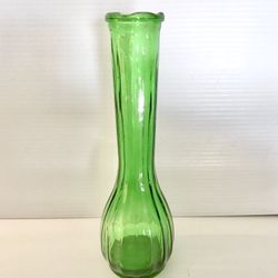 Vintage Green Flower Vase Verticle Ribbed 8-5/8” Tall