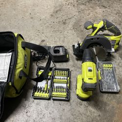 Used  Battery Skill Saw And Drill, Drill Bit Set 