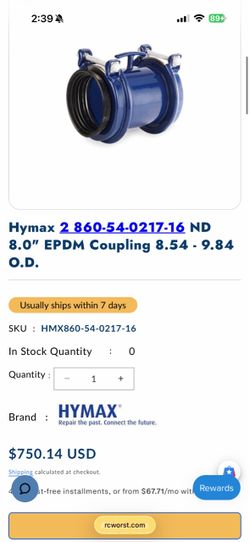 Hymax 2 860-54-0217-16 ND 8.0" EPDM Coupling 8.54 - 9.84 O.D.