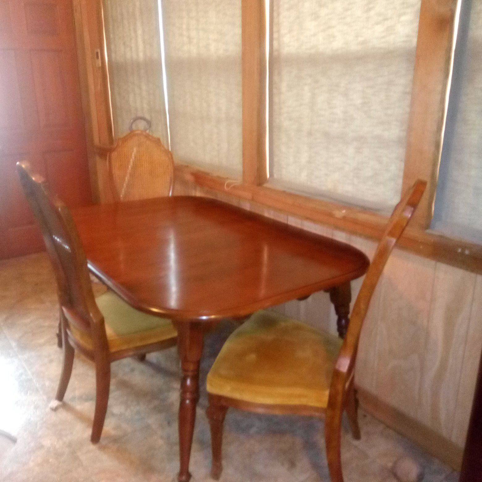 1940 solid wood table and three Italian neoclassical cain back chairs