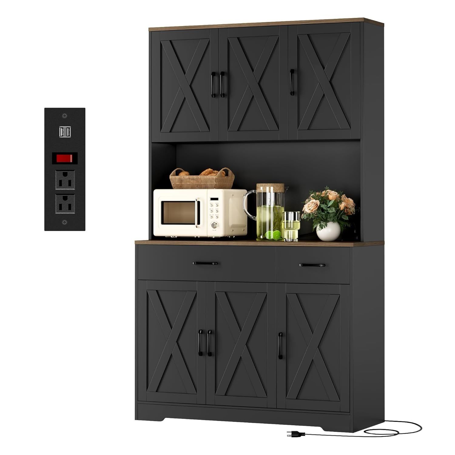 71" Pantry Cabinet with Charging Station, Tall Kitchen Pantry Storage Cabinet with Microwave Stand, Farmhouse Kitchen Hutch with Storage Dr