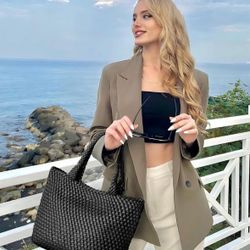 4-1 Woven Tote Bag for Women, Fashion Woven Bags for Women Vegan Leather Shoulder Handbags Large Summer Beach Travel Bag