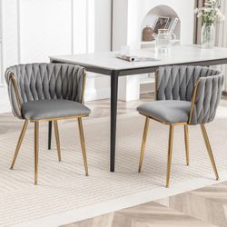 New Modern Set of 2 Velvet Dining Chairs, Modern Upholstered Dining Chairs with Gold Metal Legs for Dining Room, Vanity, Kitchen, Living Room(Grey)  N