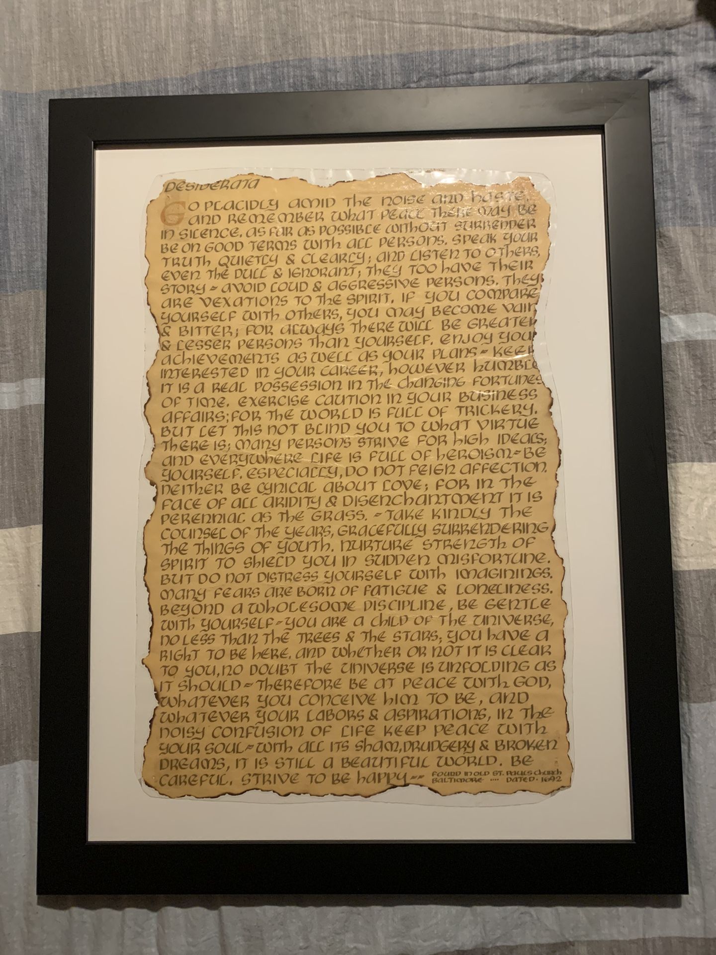 ANTIQUE DESIDERATA POEM. FOUND IN OLD ST. PAULS CHURCH BALTIMORE DATED 1692. 14”X21” Send me your offer.