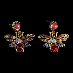 Gold Tone Rhinestone Bee Earrings | Multicolor Crystal Wings | Red Stone Drop