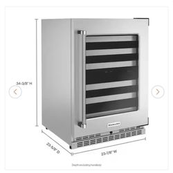 NEW KITCHEN AID 24” DUAL ZONE 48 BOTTLE WINE COOLER WITH A 3 YEAR EXTENDED WARRANTY FULLY TRANSFERABLE 11/22/25 some minor Issues around the door hand