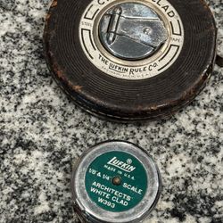 Lufkin 1/8” & 1/4” Scale Pocket Tape Measure Architects Executive White Clad W393. Rare Green label.  &   Vintage Lufkin Chrome Clad Leather wrapped S
