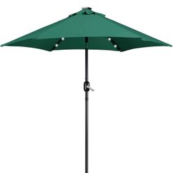 7.5FT Solar Umbrella LED Lighted Patio Umbrella Waterproof & UV Protection, Market Sunshade w/Tilt and Crank for Backyard, Deck and Pool, Dark Green