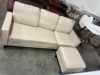 Convertible L-Shaped Sectional Sofa, Modern Beige Linen Fabric Couch with Ottoman