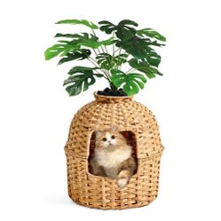 SETVSON Cat Litter Box Plant Furniture Enclosure, Hidden Handwoven Rattan with Cat Litter Box and Artificial Plants, Odor Control Filter, Real Stones