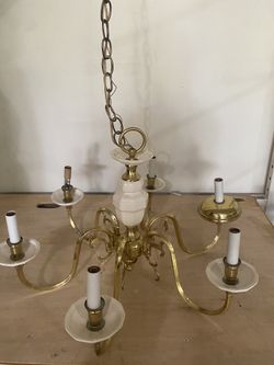 Vintage Brass And Porcelain 6-Light Chandelier
