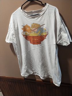 Men's XL Ramen Noodle Cat Bowl White Shirt