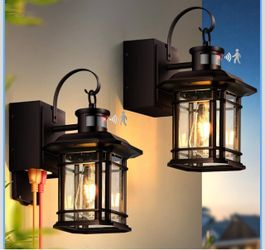 2 Pack Porch Light with GFCI Outlet, Distance and Time Adjustable Motion Sensor