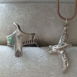 Vintage Sterling Silver Seagull Ring & Matching Necklace 