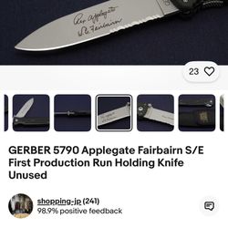 GERBER 5790 Applegate Fairbairn S/E First Production Run Holding Knife