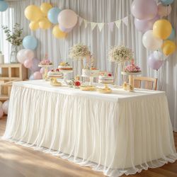 2-In-1 Ivory Tablecloths For 6 Foot Rectangle Tables With Tulle Table Skirt Wedding Table Cover Stretchy Fitted Ruffle Tutu Tablecloth For Baby Shower