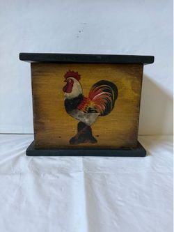 Blue Sky Hand-Painted Wooden Rooster Storage Box Featuring a Hinged Lid
