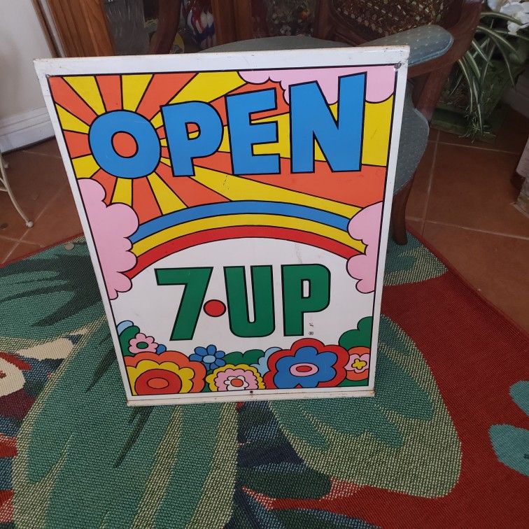 VINTAGE 1970's 7UP SIGN PETER MAX INSPIRED HIPPIE OPEN CURB SIGN DOUBLE SIDED RAINBOW