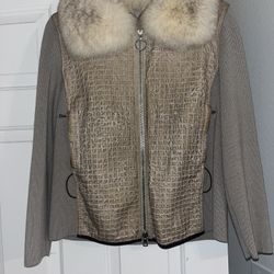 Prada Ribbed Knit Jacket with Fur Collar (croc‑embossed front/leather elbow patches)