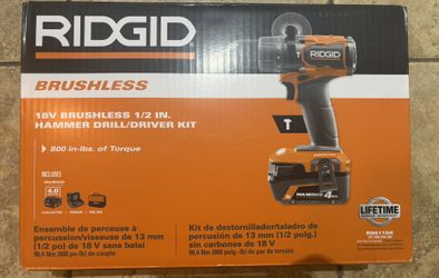 Ridgid 18V Brushless Cordless 1/2 in. Hammer Drill/Driver Kit with 4.0 Ah MAX Output Battery, 18V Charger, and Tool Bag