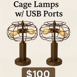 Pair Of Industrial Cage Lamps W USB Ports - Edison Style