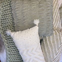 Sage Green And White Pottery Barn Throw Pillows And Blanket 