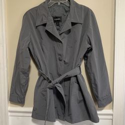 OutBrook Size L 12-14 Women's Gray Rain Coat Button Jacket Lined Belted Pockets