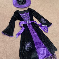 New large purple kids witch dress costume hat black goth purple gown outfit
