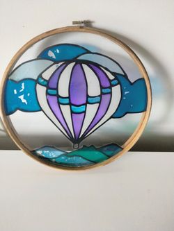 Stain Glass Hot Air Balloon Picture With Wood Frame