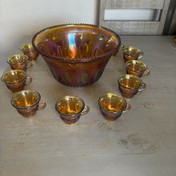 vintage carnival glass punch bowl set
