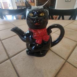 Vintage Black Cat Redware Teapot