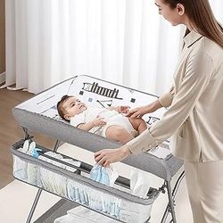 Baby Changing Table with Wheels, Maydolly Portable Adjustable Height Folding Diaper Station with Nursery Organizer & Storage Rack 