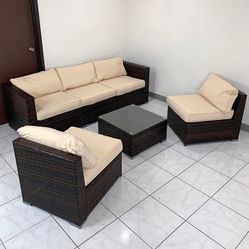 BRAND NEW $395 Patio Furniture (6pcs) Set Outdoor Sectional Set Wicker Rattan Sofa Chair Set w/ Cushion, Glass Table