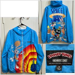Members Only Looney Tunes Space Jam All Over Graphics Windbreaker Hoodie Jacket Size Medium 