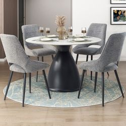 Brand New 48" White Round Sintered Stone Dining Table + 4 Gray Linen Chairs