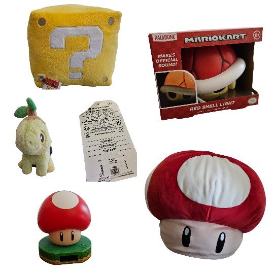 Super Mario, Pokémon Plushies, Alarm Clock, And Shell Light