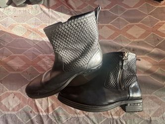 Black Leather Ankle Boots with Woven Detail