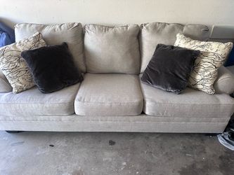 3-Seat Beige Fabric Sofa with Throw Pillows