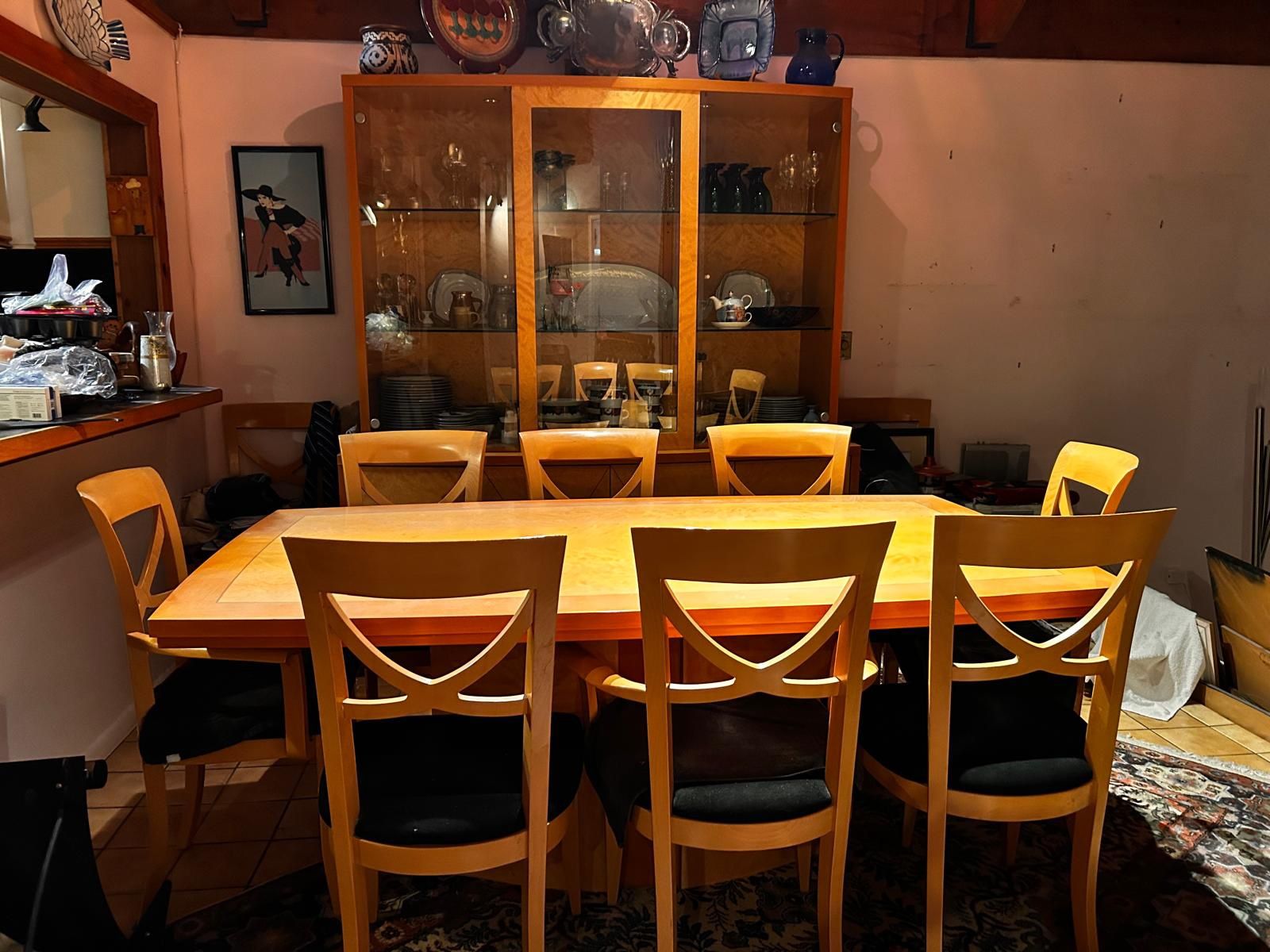 Retractable Dining Table +10 Chairs and Matching China Cabinet