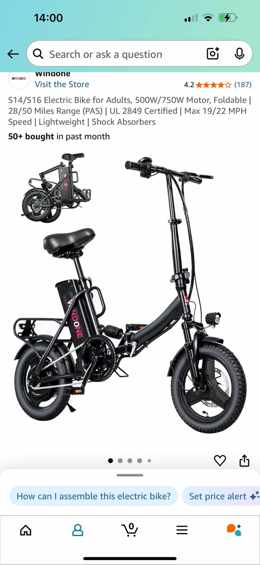 Folding electric off-road bike. Amazon brand, S14/S16 Electric Bike for Adults, 500W/750W Motor, Foldable | 28/50 Miles Range (PAS) | UL 2849 Certifie