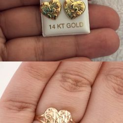 Gold heart nugget ring and earrings set
