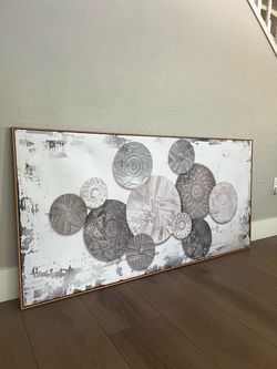 BRAND NEW 58x29 Wood Framed Taupe/Grey/White Boho Layered Plates Canvas Artwork